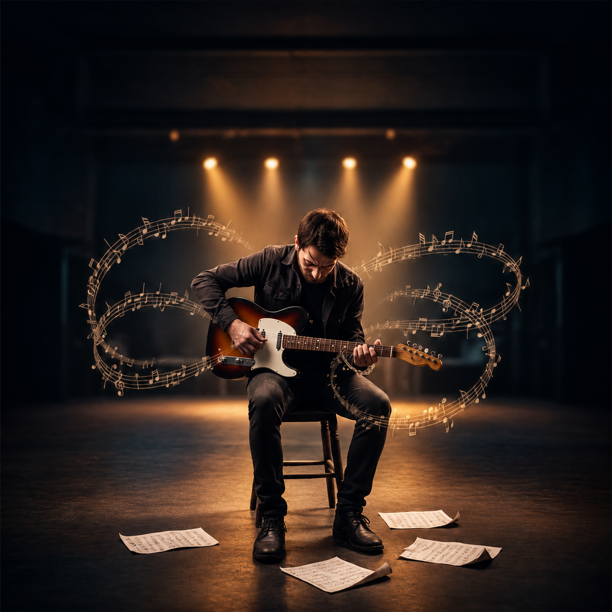 Guitarrista frustrado com improviso repetitivo